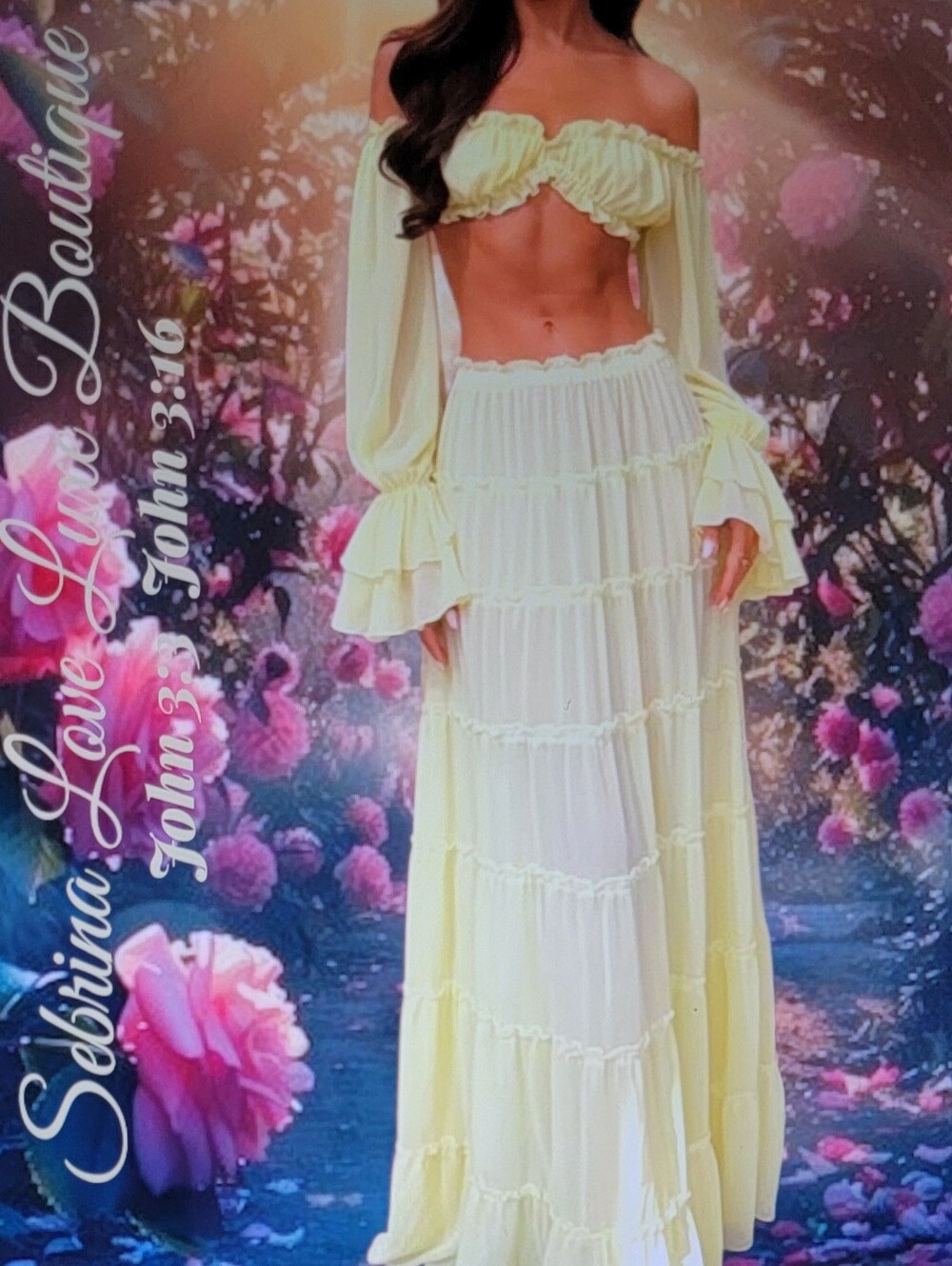 Romantic Boho 2pc Off-Shoulder Yellow Chiffon Maxi Skirt Set